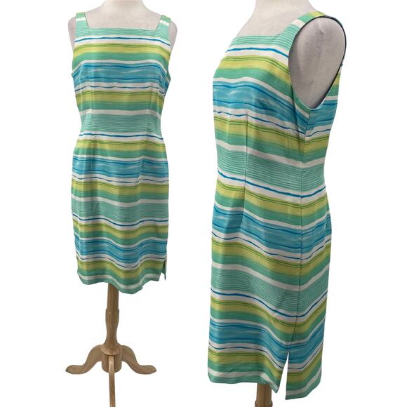 Vintage 90s Silk Mini Sheath Dress Squareneck Striped Artsy Green Blue Womens 12 - Picture 1 of 10